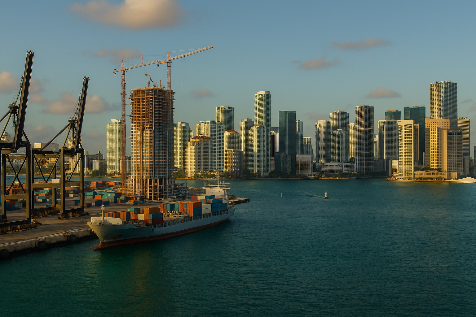 Miami business skyline with port and construction